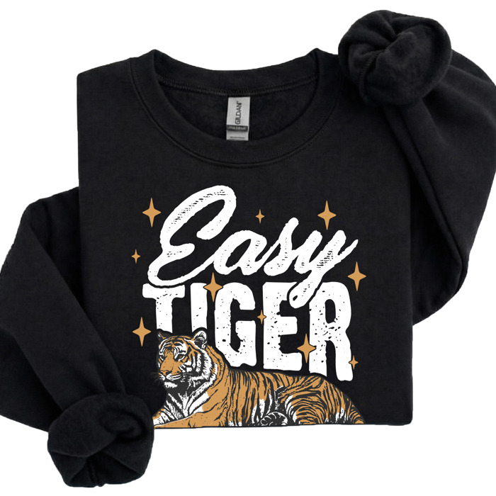 Easy Tiger Sweatshirt | Bold Tiger Illustration | Fun and Relaxed Style Motivational Quote | Trendy Retro Design