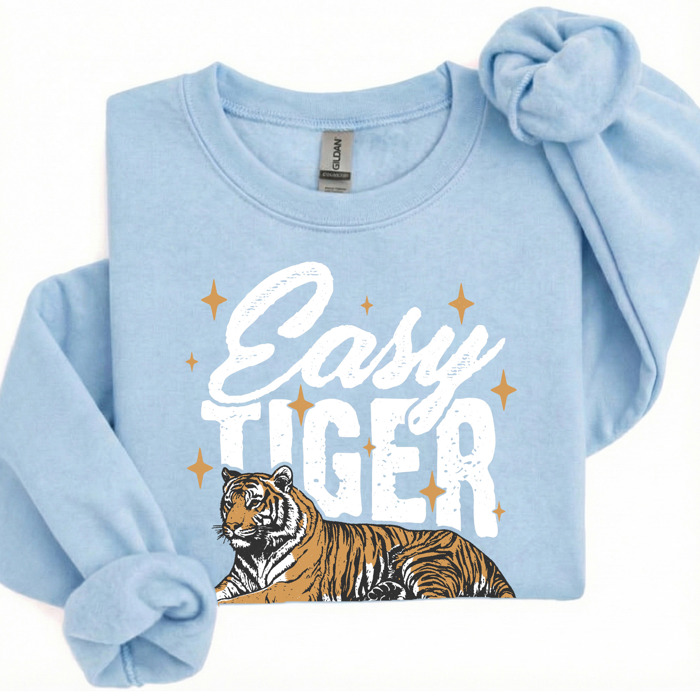 Easy Tiger Sweatshirt | Bold Tiger Illustration | Fun and Relaxed Style Motivational Quote | Trendy Retro Design