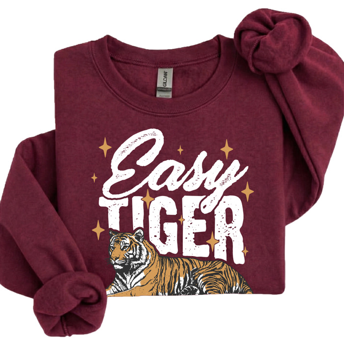 Easy Tiger Sweatshirt | Bold Tiger Illustration | Fun and Relaxed Style Motivational Quote | Trendy Retro Design