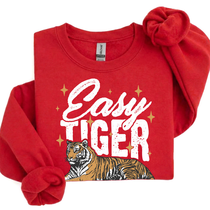 Easy Tiger Sweatshirt | Bold Tiger Illustration | Fun and Relaxed Style Motivational Quote | Trendy Retro Design