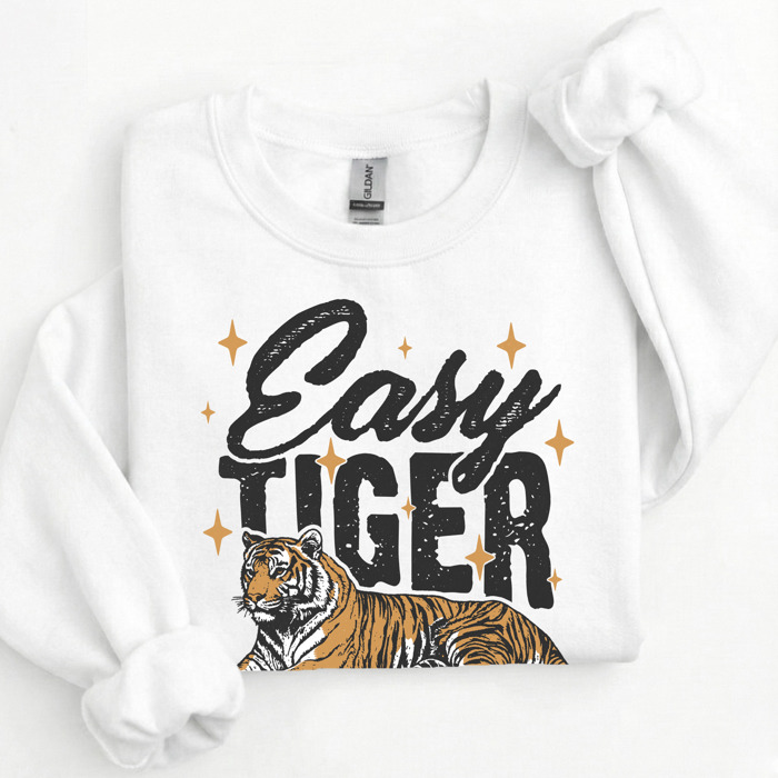 Easy Tiger Sweatshirt | Bold Tiger Illustration | Fun and Relaxed Style Motivational Quote | Trendy Retro Design