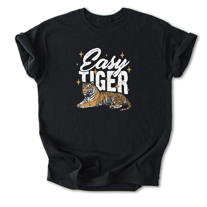 Easy Tiger Graphic Cotton T-Shirt | Bold Tiger Illustration | Fun and Relaxed Style | Motivational Quote Shirt | Gift | Trendy Retro Design