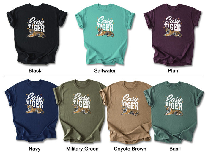 Easy Tiger Graphic Cotton T-Shirt | Bold Tiger Illustration | Fun and Relaxed Style | Motivational Quote Shirt | Gift | Trendy Retro Design