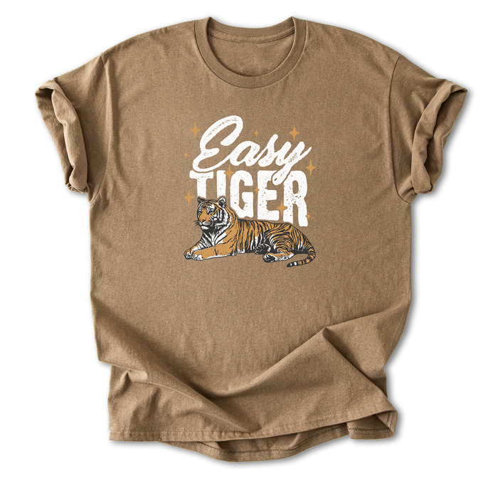 Easy Tiger Graphic Cotton T-Shirt | Bold Tiger Illustration | Fun and Relaxed Style | Motivational Quote Shirt | Gift | Trendy Retro Design
