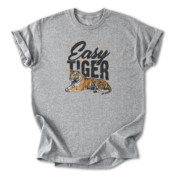 Easy Tiger Graphic Cotton T-Shirt | Bold Tiger Illustration | Fun and Relaxed Style | Motivational Quote Shirt | Gift | Trendy Retro Design