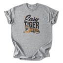 Small Heather Easy Tiger Graphic Cotton T-Shirt | Bold Tiger Illustration | Fun and Relaxed Style | Motivational Quote Shirt | Gift | Trendy Retro Design