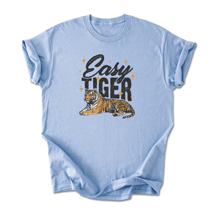 Easy Tiger Graphic Cotton T-Shirt | Bold Tiger Illustration | Fun and Relaxed Style | Motivational Quote Shirt | Gift | Trendy Retro Design