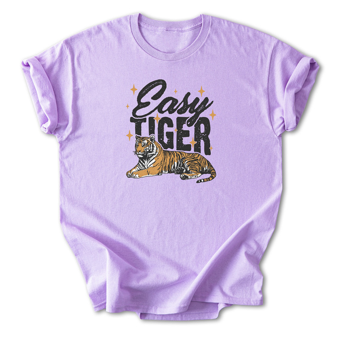Easy Tiger Graphic Cotton T-Shirt | Bold Tiger Illustration | Fun and Relaxed Style | Motivational Quote Shirt | Gift | Trendy Retro Design