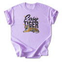Small Lavender Easy Tiger Graphic Cotton T-Shirt | Bold Tiger Illustration | Fun and Relaxed Style | Motivational Quote Shirt | Gift | Trendy Retro Design