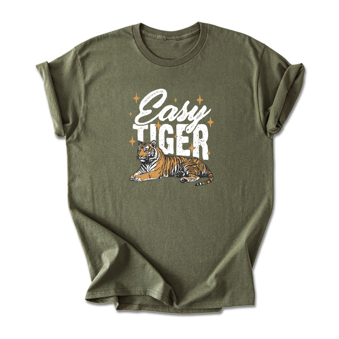 Easy Tiger Graphic Cotton T-Shirt | Bold Tiger Illustration | Fun and Relaxed Style | Motivational Quote Shirt | Gift | Trendy Retro Design