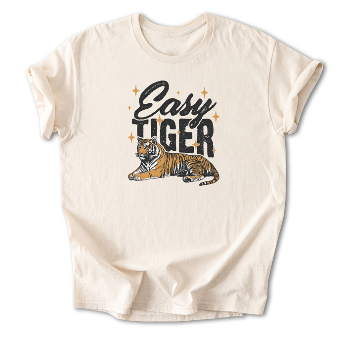 Easy Tiger Graphic Cotton T-Shirt | Bold Tiger Illustration | Fun and Relaxed Style | Motivational Quote Shirt | Gift | Trendy Retro Design