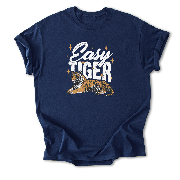 Easy Tiger Graphic Cotton T-Shirt | Bold Tiger Illustration | Fun and Relaxed Style | Motivational Quote Shirt | Gift | Trendy Retro Design