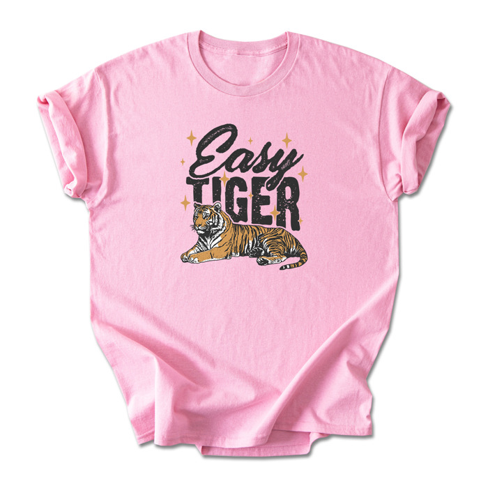Easy Tiger Graphic Cotton T-Shirt | Bold Tiger Illustration | Fun and Relaxed Style | Motivational Quote Shirt | Gift | Trendy Retro Design