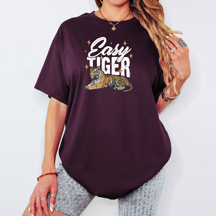 Easy Tiger Graphic Cotton T-Shirt | Bold Tiger Illustration | Fun and Relaxed Style | Motivational Quote Shirt | Gift | Trendy Retro Design