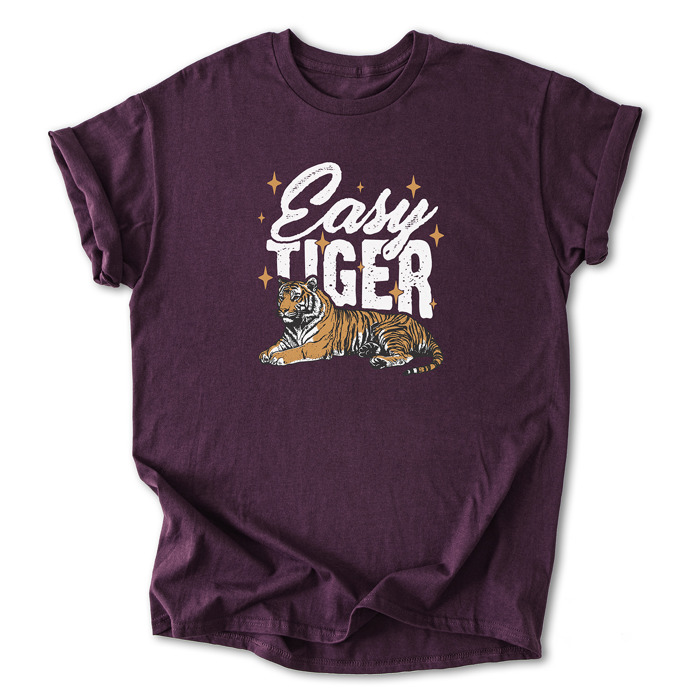 Easy Tiger Graphic Cotton T-Shirt | Bold Tiger Illustration | Fun and Relaxed Style | Motivational Quote Shirt | Gift | Trendy Retro Design