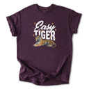 Small Plum Easy Tiger Graphic Cotton T-Shirt | Bold Tiger Illustration | Fun and Relaxed Style | Motivational Quote Shirt | Gift | Trendy Retro Design