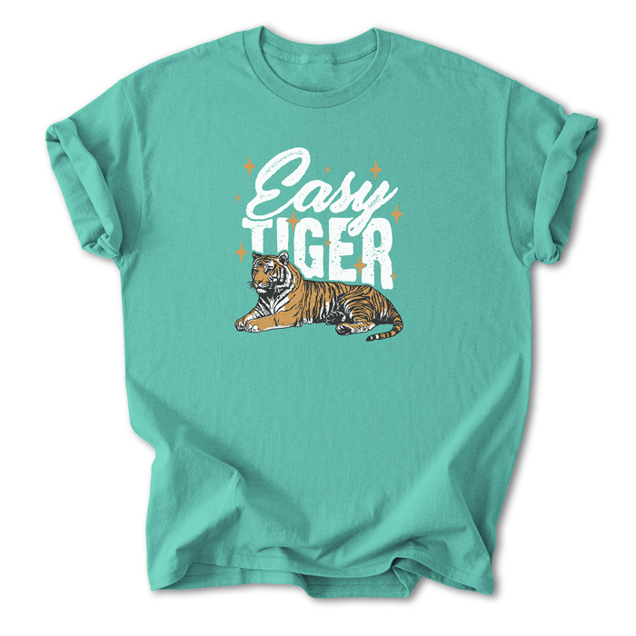 Easy Tiger Graphic Cotton T-Shirt | Bold Tiger Illustration | Fun and Relaxed Style | Motivational Quote Shirt | Gift | Trendy Retro Design