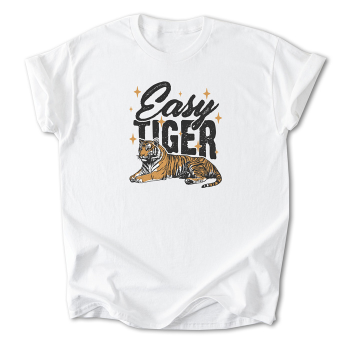 Easy Tiger Graphic Cotton T-Shirt | Bold Tiger Illustration | Fun and Relaxed Style | Motivational Quote Shirt | Gift | Trendy Retro Design