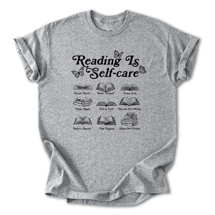 Reading is Self-Care Cotton T-Shirt | Inspirational Book Design | Escape Reality, Better Yourself  | Graphic Tee for Book Lovers