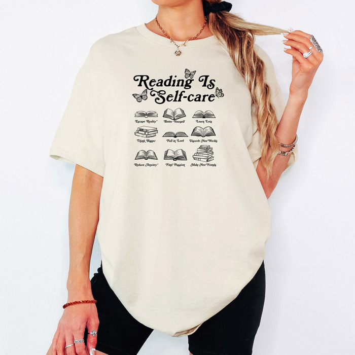 Reading is Self-Care Cotton T-Shirt | Inspirational Book Design | Escape Reality, Better Yourself  | Graphic Tee for Book Lovers