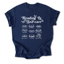 Small Navy Reading is Self-Care Cotton T-Shirt | Inspirational Book Design | Escape Reality, Better Yourself  | Graphic Tee for Book Lovers
