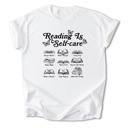 Small White Reading is Self-Care Cotton T-Shirt | Inspirational Book Design | Escape Reality, Better Yourself  | Graphic Tee for Book Lovers