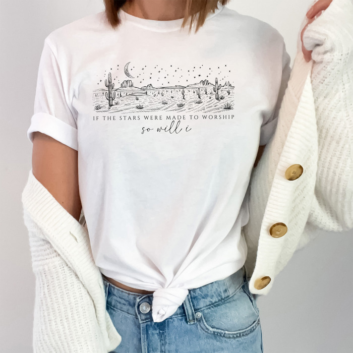 If The Stars Were Made to Worship So Will I Cotton T-Shirt | Christian Worship Quote Design | Peaceful Graphic Apparel | Gift for Believers