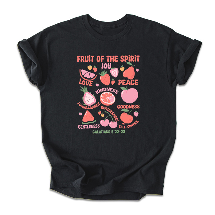 Fruit of the Spirit Cotton T-Shirt | Christian Quote Design | Galatians 5:22-23 | Love Joy Peace Kindness Faithfulness | Gift for Believers