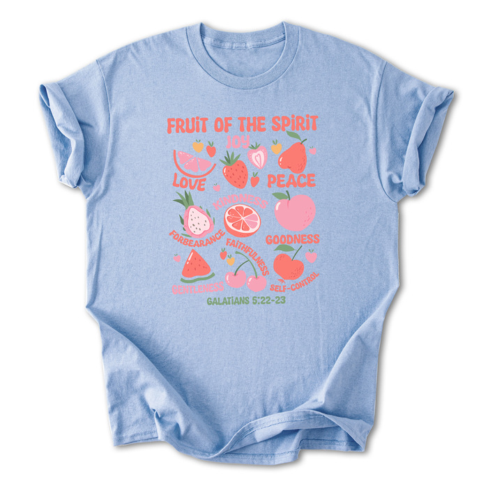 Fruit of the Spirit Cotton T-Shirt | Christian Quote Design | Galatians 5:22-23 | Love Joy Peace Kindness Faithfulness | Gift for Believers