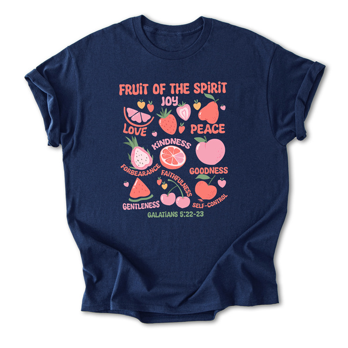 Fruit of the Spirit Cotton T-Shirt | Christian Quote Design | Galatians 5:22-23 | Love Joy Peace Kindness Faithfulness | Gift for Believers
