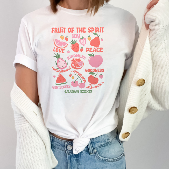 Fruit of the Spirit Cotton T-Shirt | Christian Quote Design | Galatians 5:22-23 | Love Joy Peace Kindness Faithfulness | Gift for Believers
