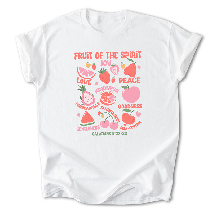 Fruit of the Spirit Cotton T-Shirt | Christian Quote Design | Galatians 5:22-23 | Love Joy Peace Kindness Faithfulness | Gift for Believers