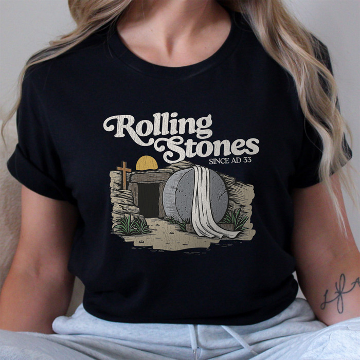 Rolling Stones Inspired Cotton T-shirt | Christian Resurrection Tomb Tee, He is Risen Easter Jesus | Faithful | Christian Apparel