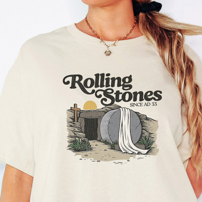 Rolling Stones Inspired Cotton T-shirt | Christian Resurrection Tomb Tee, He is Risen Easter Jesus | Faithful | Christian Apparel
