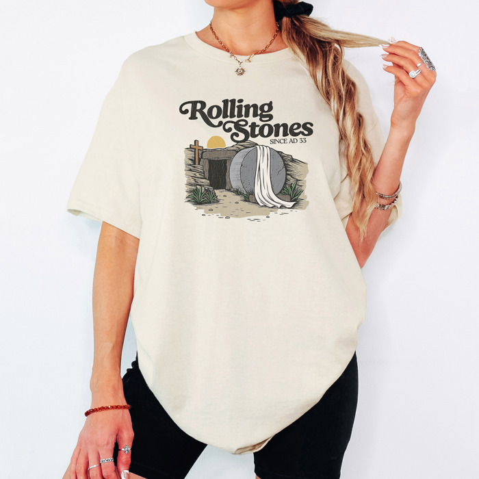 Rolling Stones Inspired Cotton T-shirt | Christian Resurrection Tomb Tee, He is Risen Easter Jesus | Faithful | Christian Apparel