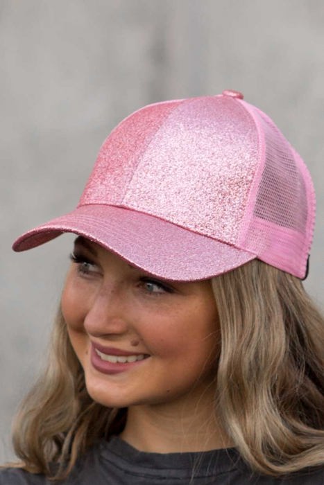 CC Glitter Messy Bun Pony Cap Women Teen Adjustable Fit Trucker Hats