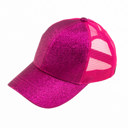Hot Pink CC Glitter Messy Bun Pony Cap Women Teen Adjustable Fit Trucker Hats