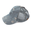 Light Denim CC Destroyed Denim Messy Bun Pony Cap