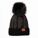 Black CC Quilted Puffer with Detachable Pom Beanies Hats
