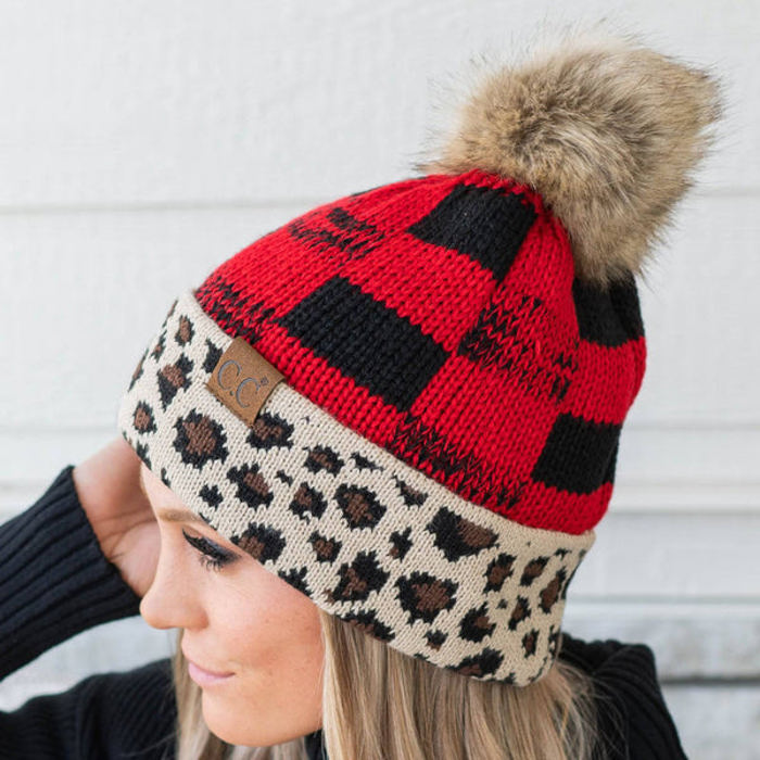 CC Cabin Cozy Leopard Plaid Beanie