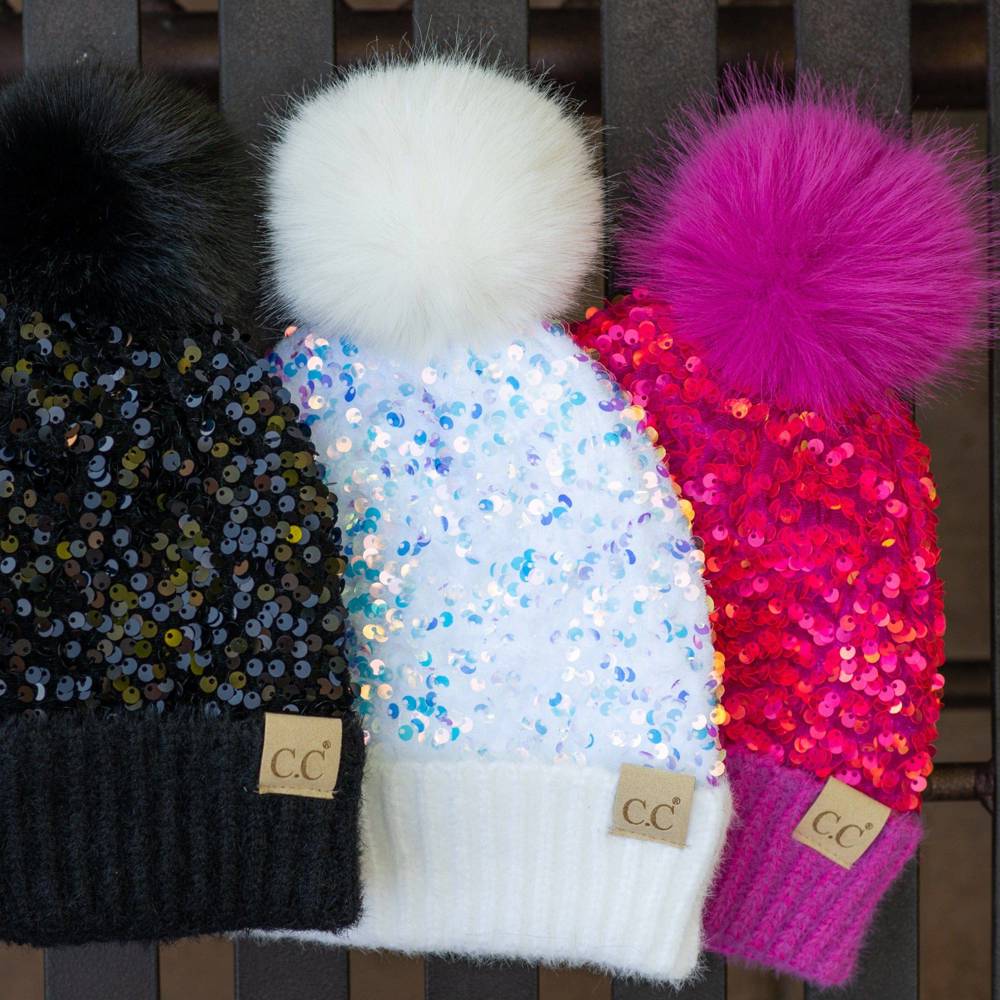 CC Sequin Plush Pom Beanie | Adult and Kid Sizes