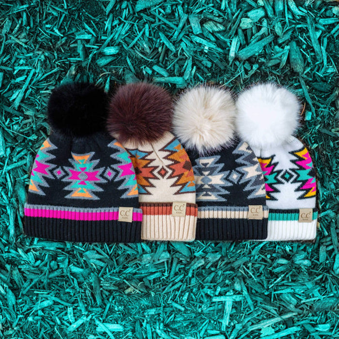 CC South Western Pattern Plush Pom Beanie | Adult and Kid Sizes