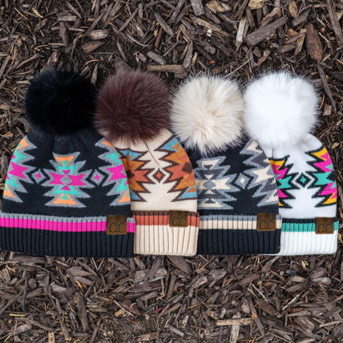 CC South Western Pattern Plush Pom Beanie | Adult and Kid Sizes