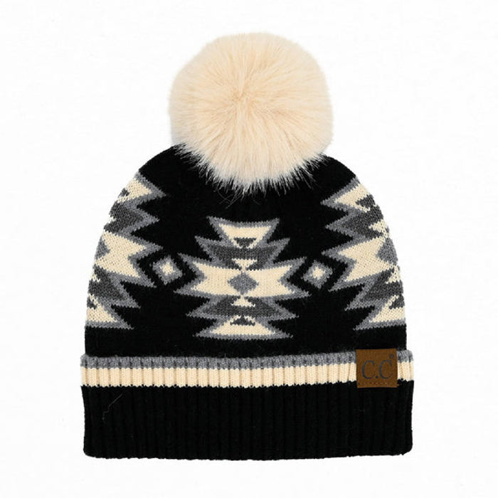 CC South Western Pattern Plush Pom Beanie | Adult and Kid Sizes