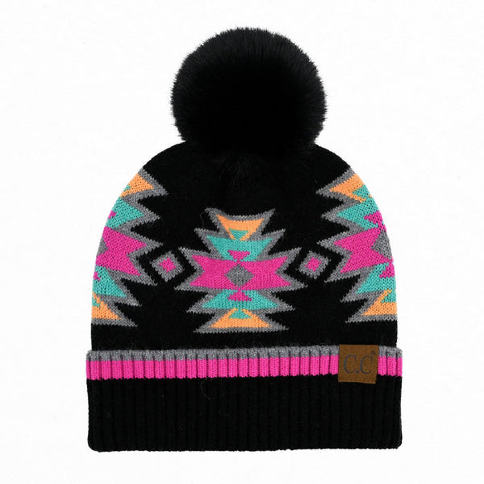 CC South Western Pattern Plush Pom Beanie | Adult and Kid Sizes
