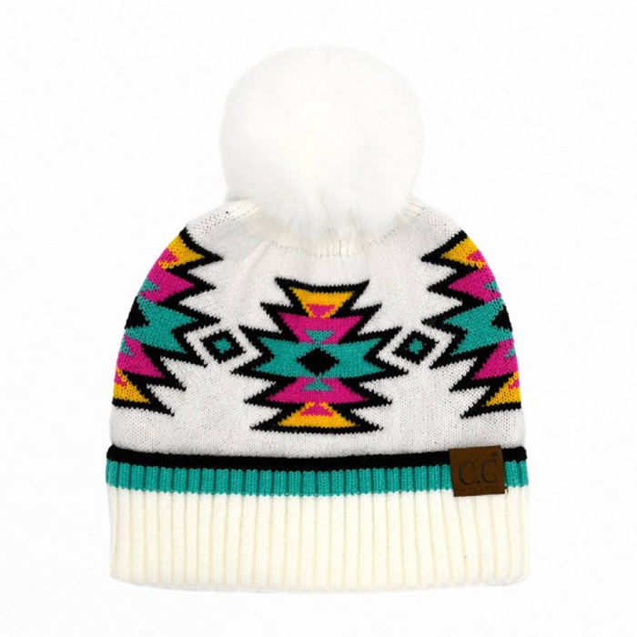 CC South Western Pattern Plush Pom Beanie | Adult and Kid Sizes