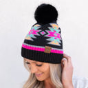 Ivory CC South Western Pattern Plush Pom Beanie | Adult and Kid Sizes