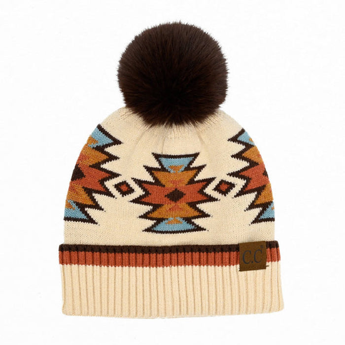 CC South Western Pattern Plush Pom Beanie | Adult and Kid Sizes