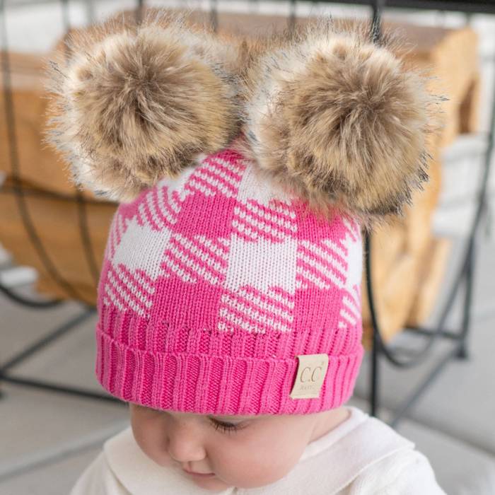 CC Baby and Kids Buffalo Plaid Double Pom Beanies Hats