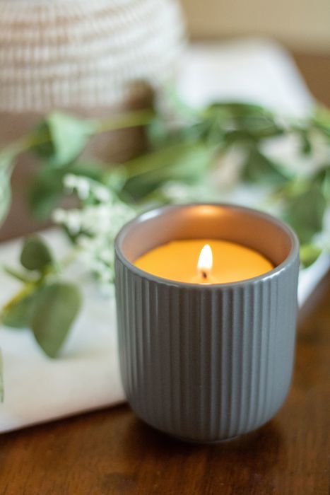 Gray Ribbed Beeswax Candle